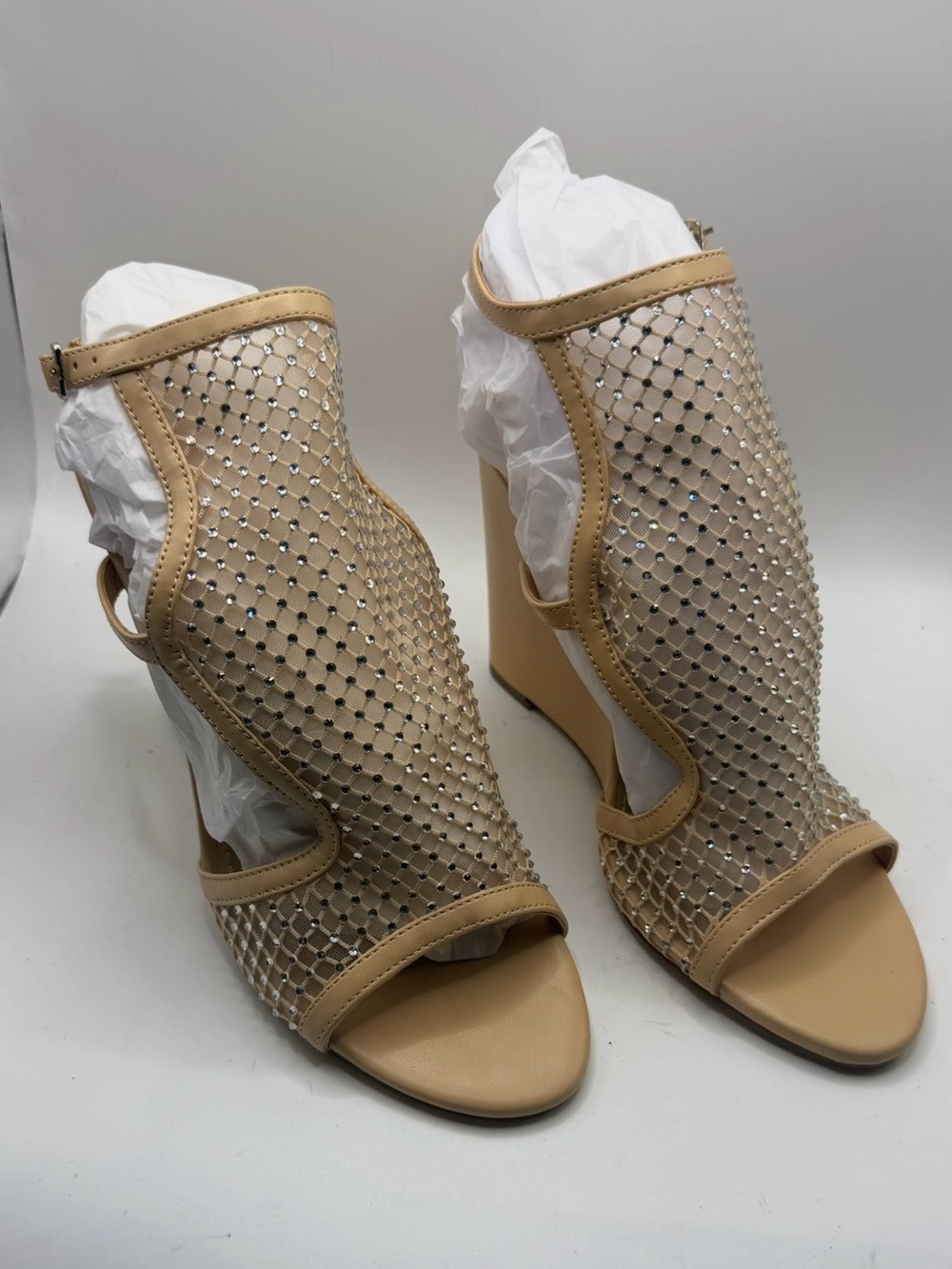 ShoeDazzle “Moolooloo” Peep-Toe Rhinestone Mesh Wedge Sandals